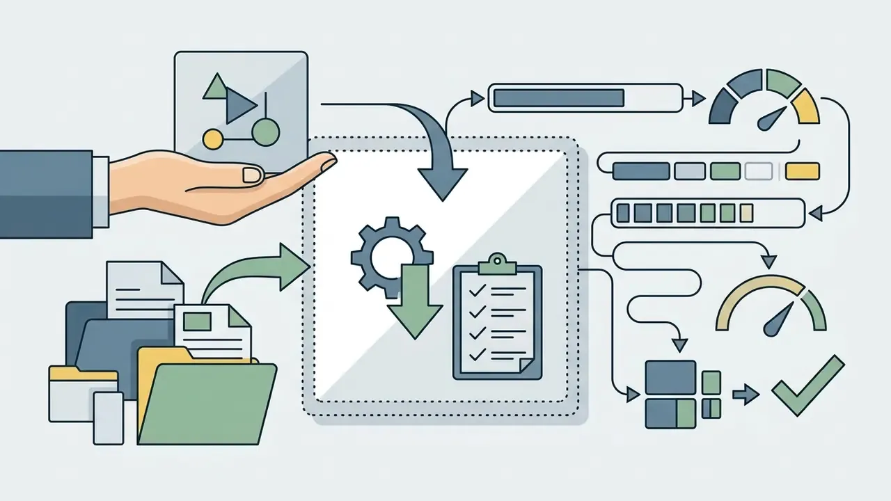 Hand placing a file into a digital processing zone with progress bars and status indicators