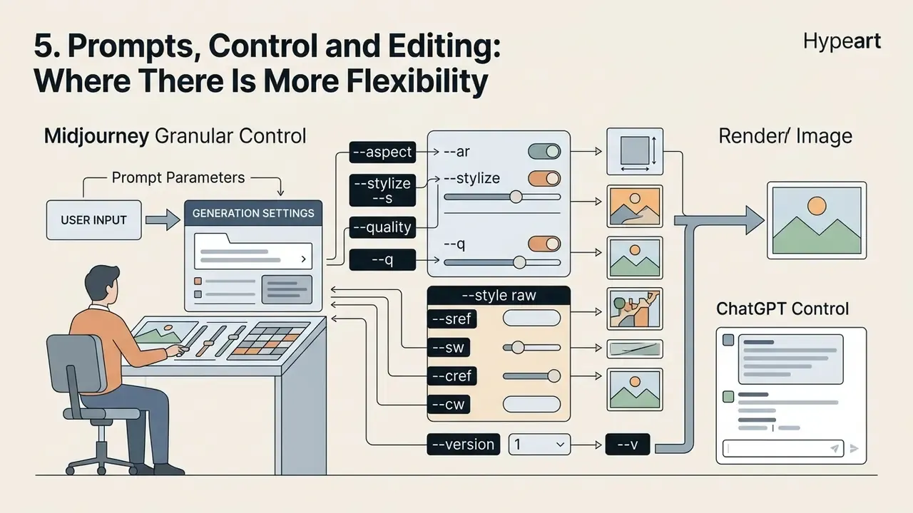 Infographic showing a user adjusting Midjourney generation parameters before rendering an image