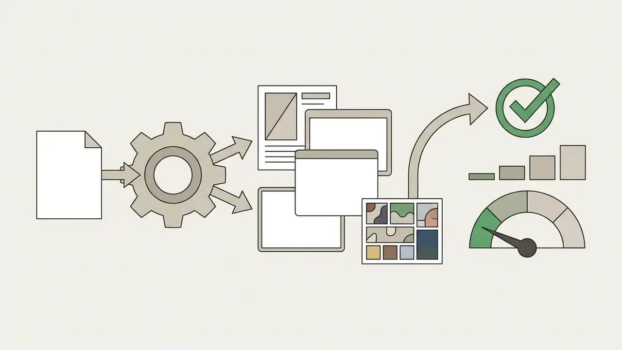 Document feeding into a gear that processes content into windows and a mood board leading to a checkmark