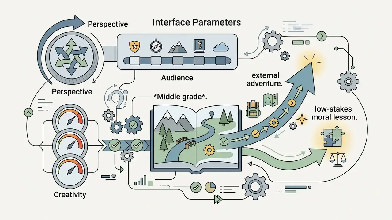 Perspective, audience, and creativity settings feeding into an open book that branches into narrative paths