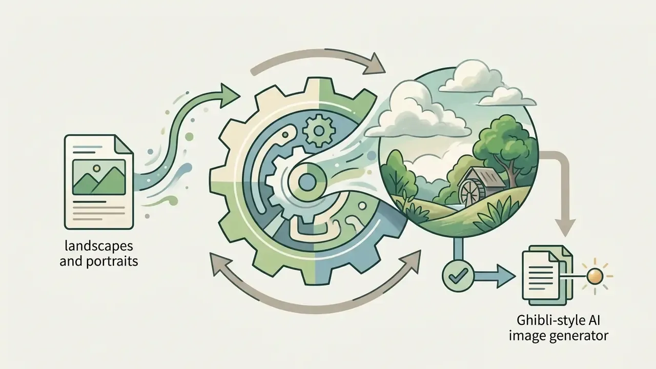 Document icon flowing through a central gear into a hand-drawn landscape illustration