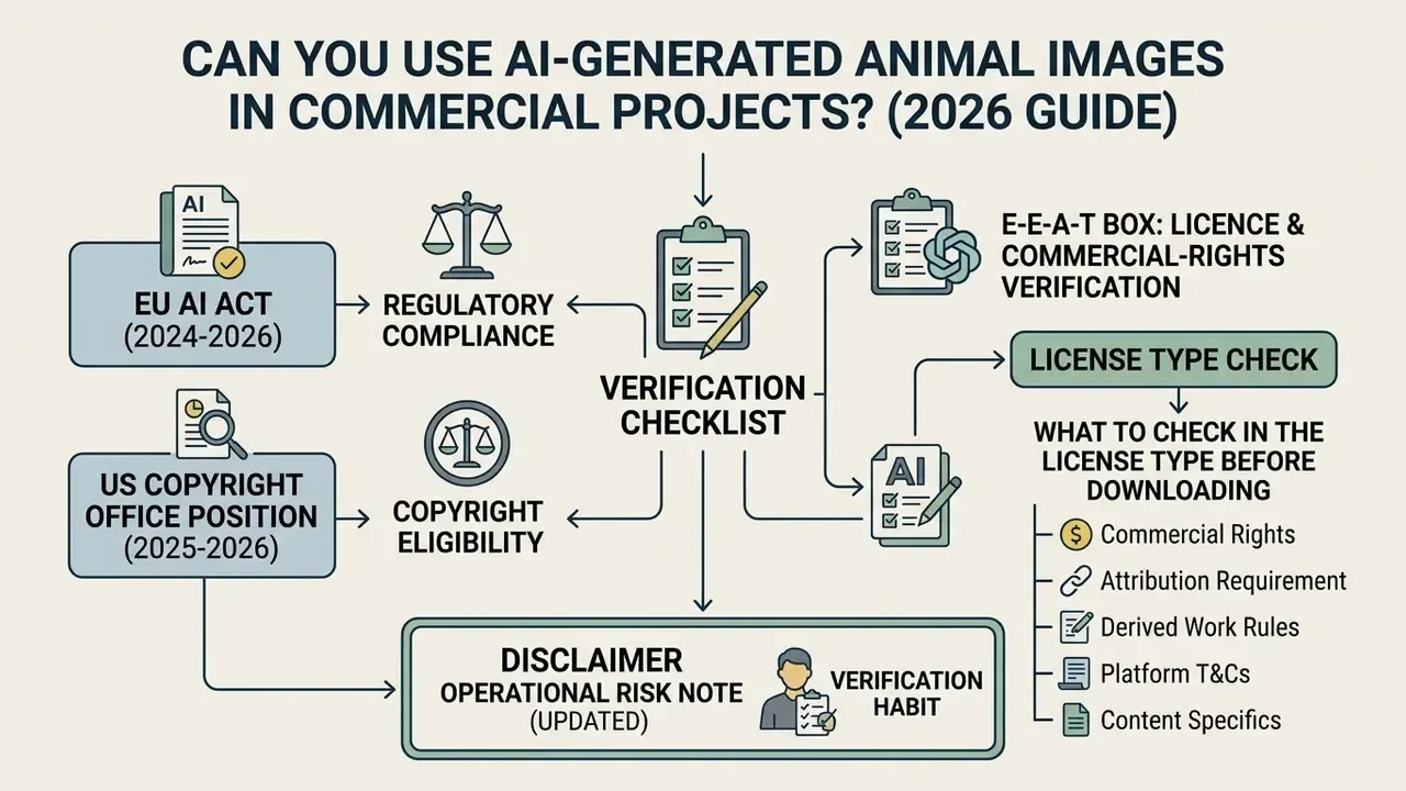 Flowchart outlining the regulatory, copyright, and licensing steps for using AI generated animal images
