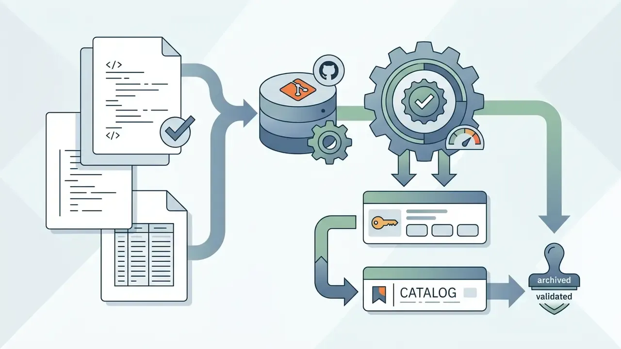 Code scripts and data schemas flowing into a repository and gear mechanism for validation and cataloging