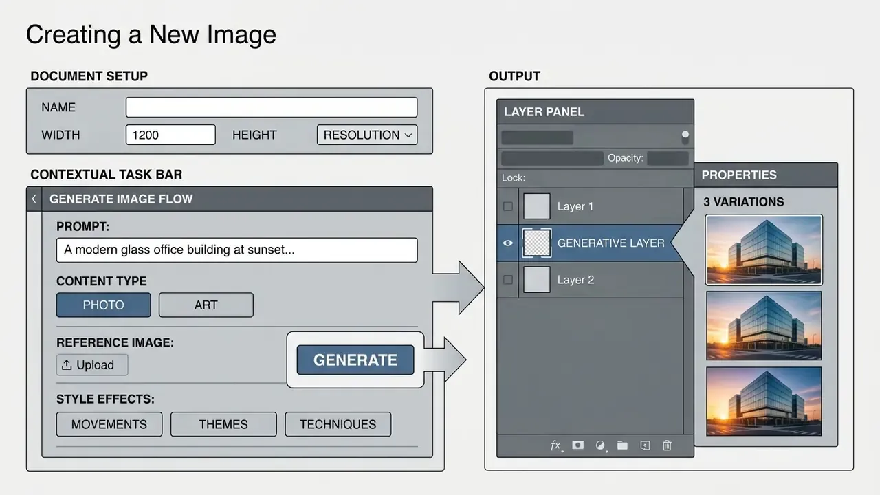 Interface showing a prompt input field and generation settings that produce three image variations in a layer panel