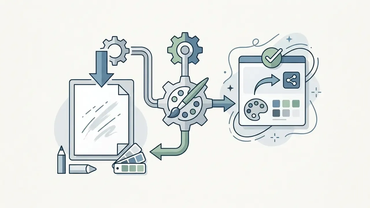 Document and art tools feeding into a central gear mechanism that outputs a shareable digital card