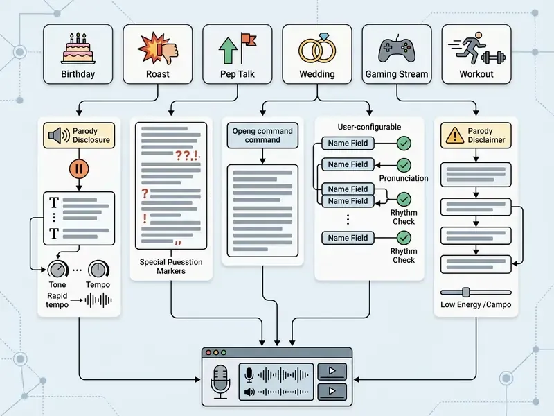 Flowchart showing various script templates and configuration settings feeding into a central audio generator