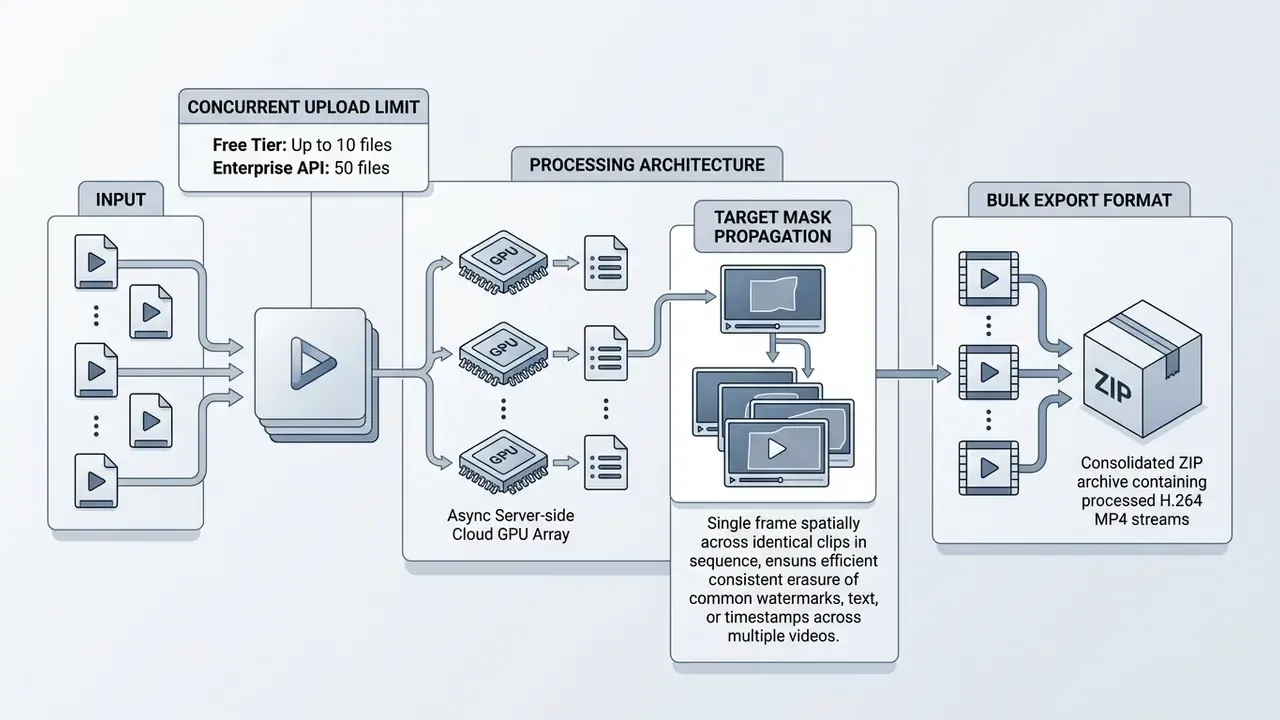 Technical diagram showing batch video processing architecture from input upload to ZIP file export