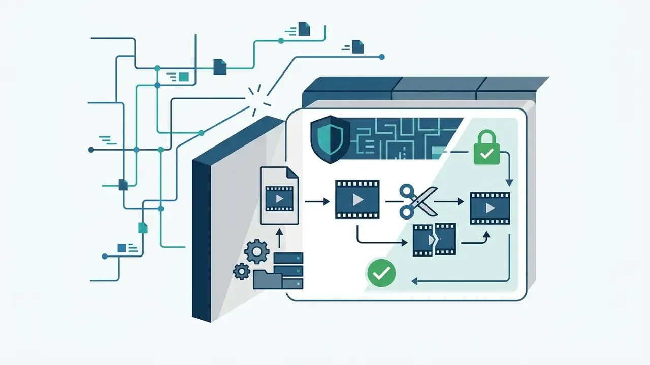 Network data entering a secure vault for internal file processing and segmented video editing