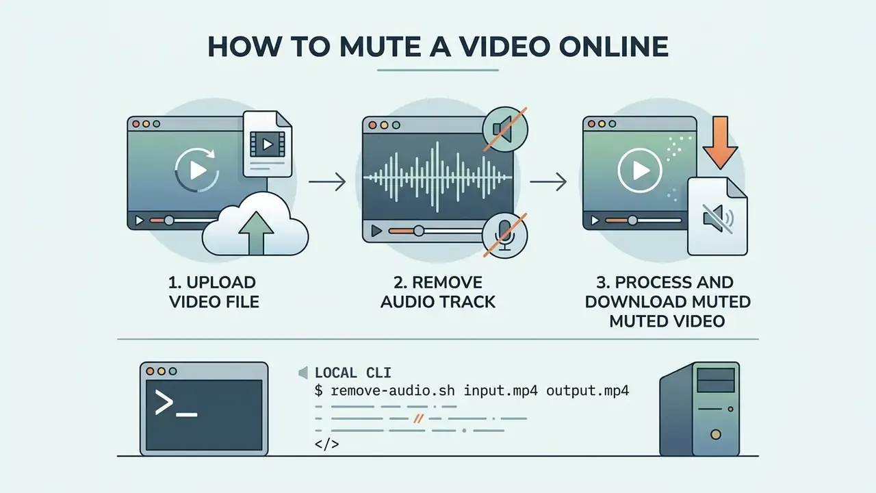 Three steps for web-based audio removal followed by a command line interface example for local processing