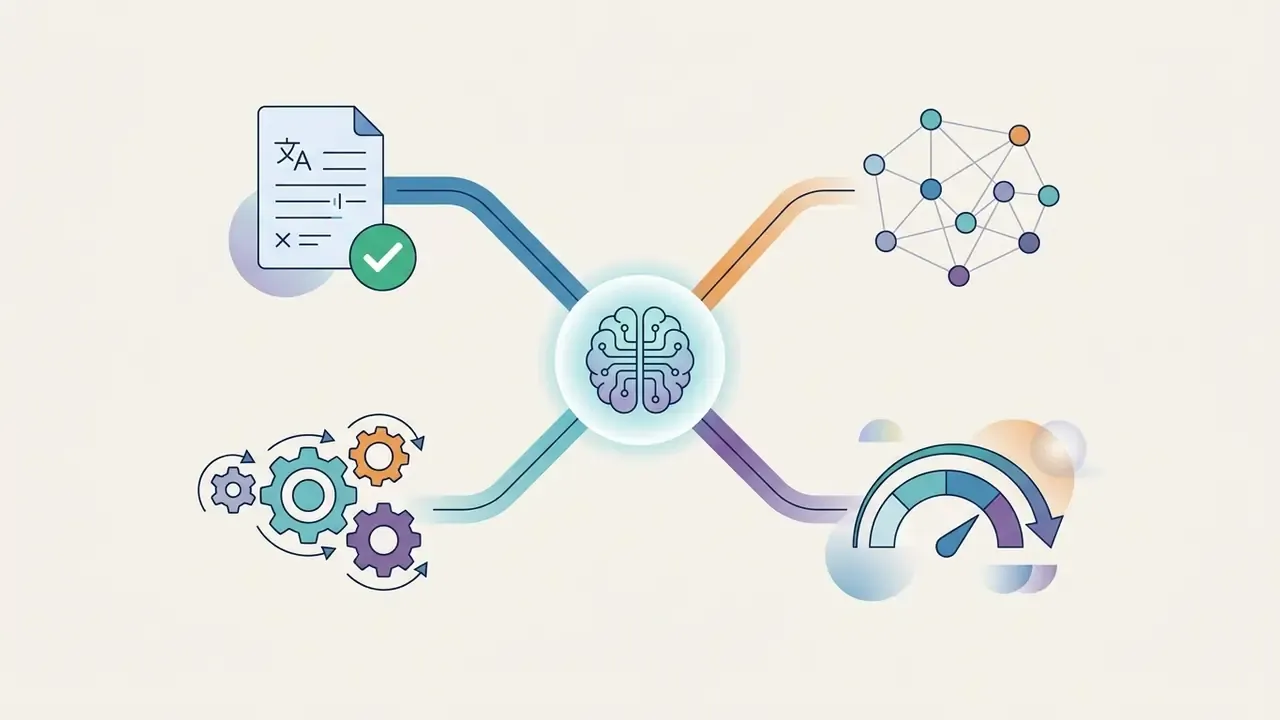 Central brain icon connected to document, gear, network, and gauge symbols representing data processing