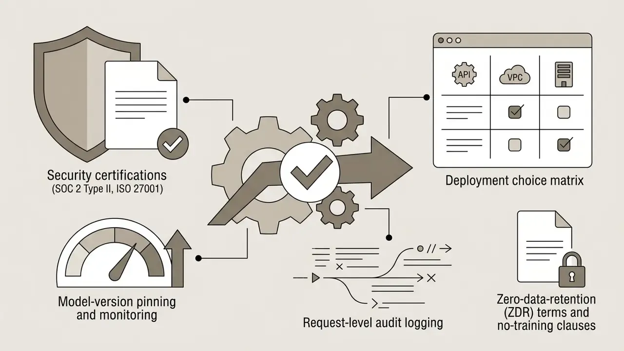 Icons representing security certifications, deployment options, audit logs, and data retention policies