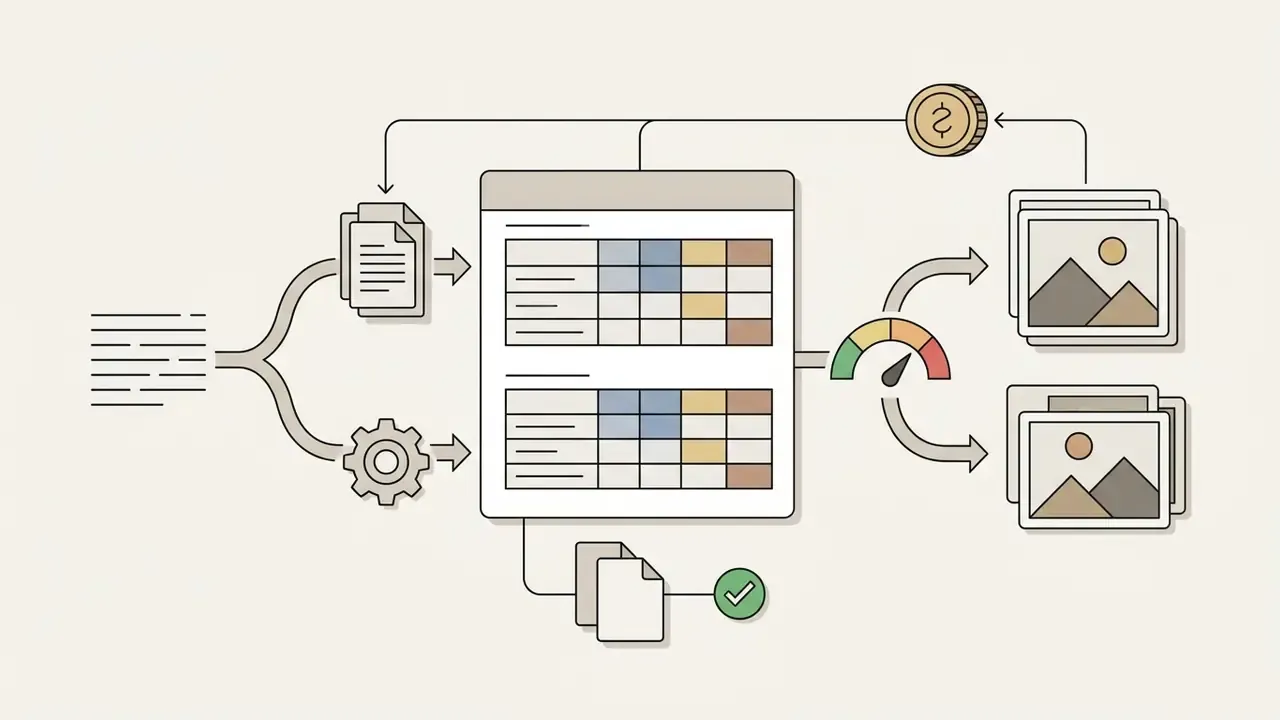 Flowchart showing text and settings feeding into a pricing table to generate images with cost tracking