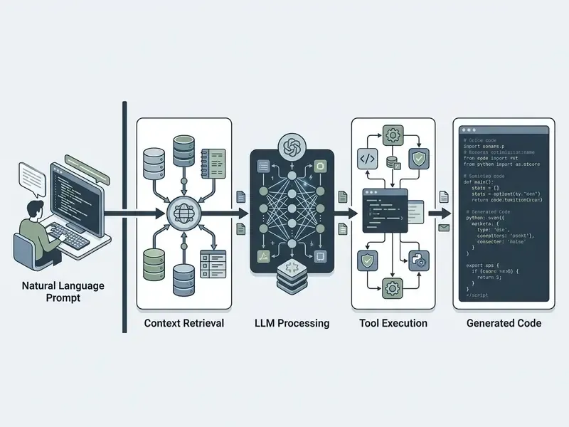 Flowchart showing a user prompt moving through context retrieval, LLM processing, and tool execution to code