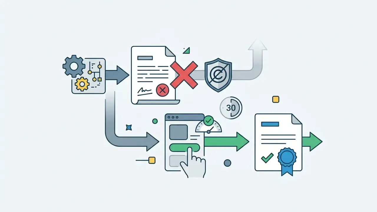 Flowchart showing machine algorithm output, copyright restrictions, and document verification steps