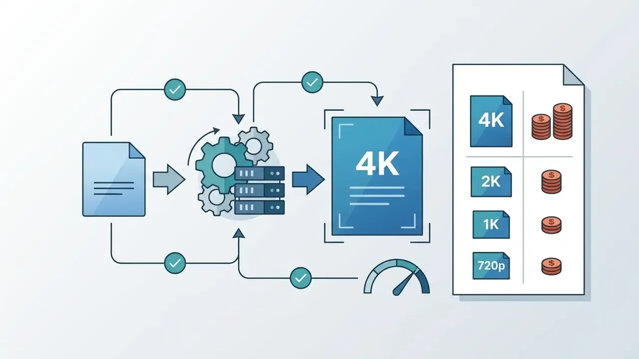 Process diagram showing server gears generating 4K video output alongside a price list by resolution