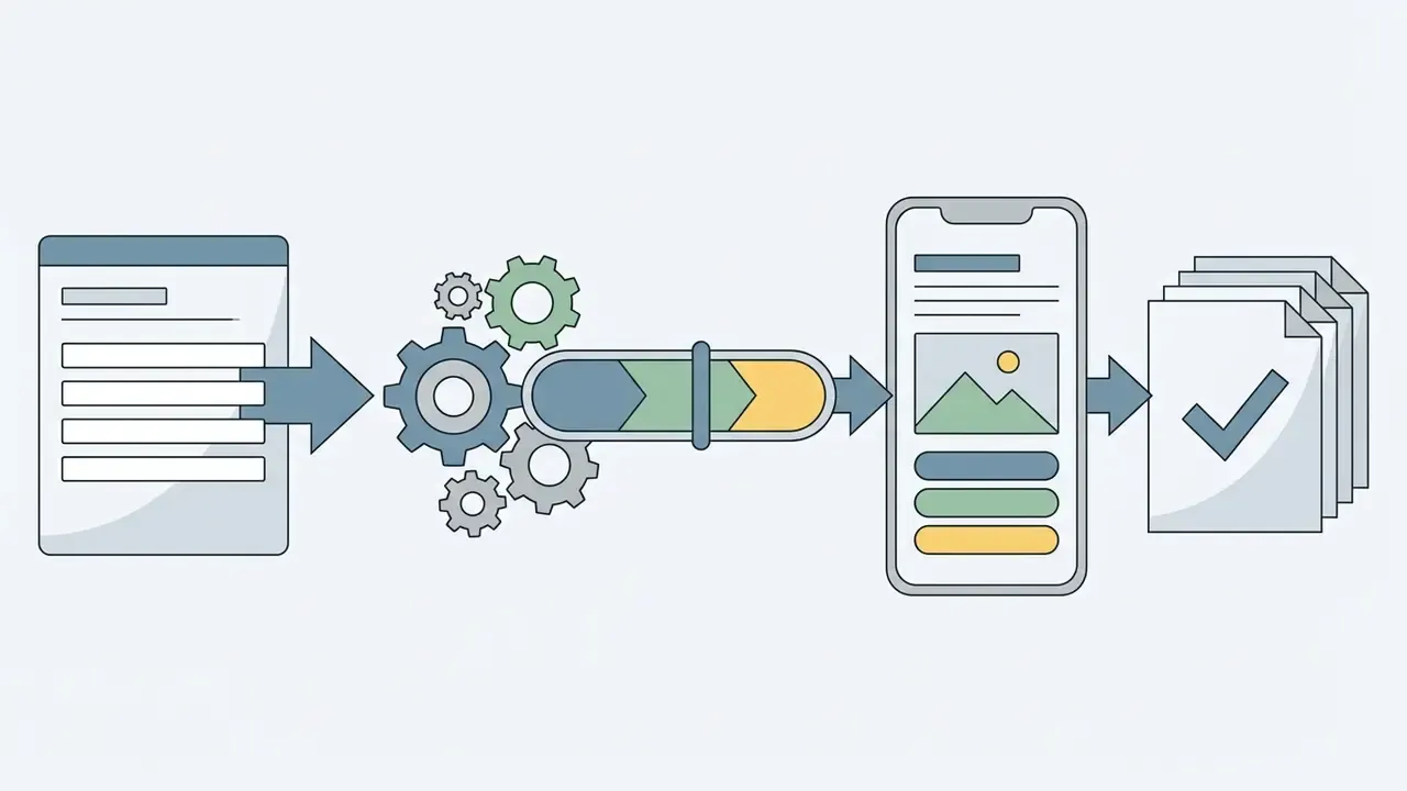 Linear process showing document input moving through mechanical gears to a mobile app and final files