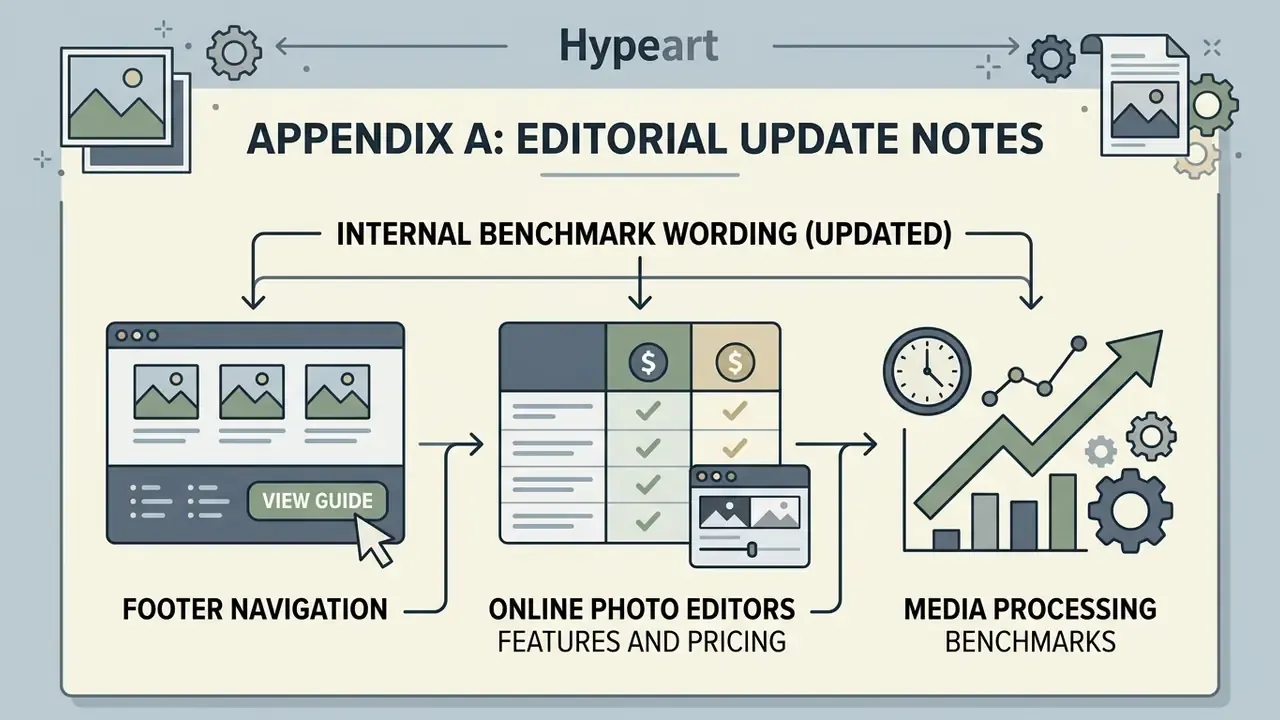 Flowchart showing footer navigation, photo editor pricing tables, and media processing performance trends