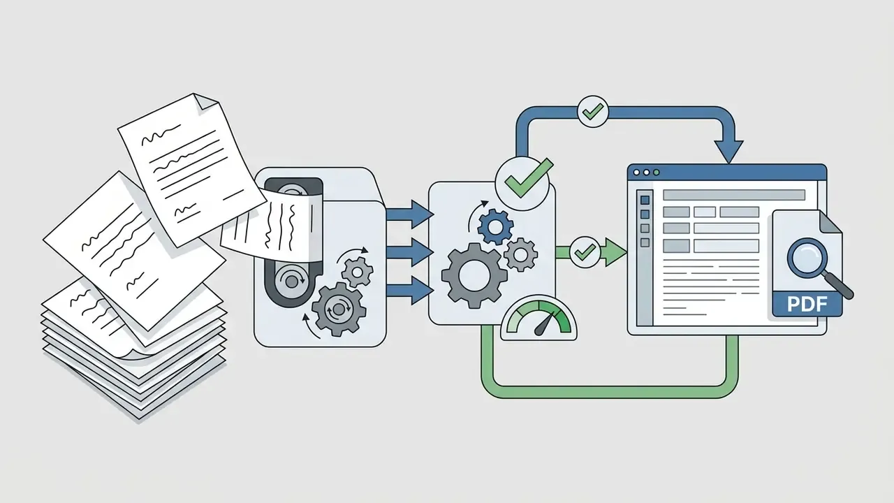 Stack of paper documents feeding into a mechanical processor that converts files into a searchable PDF
