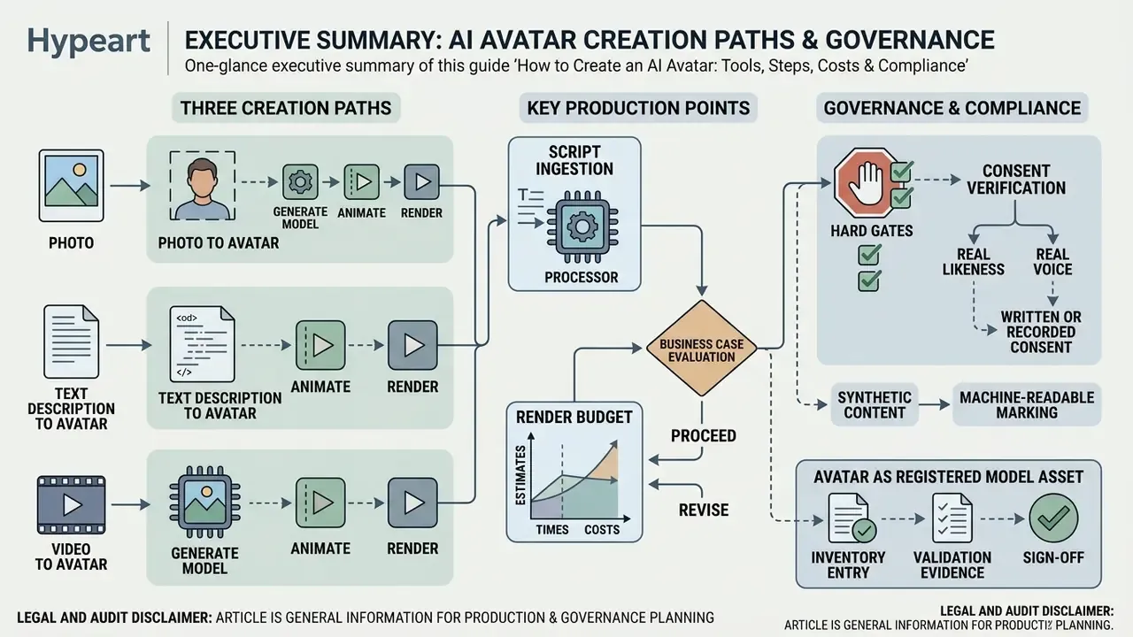 Infographic showing three paths to create an AI avatar alongside production steps and governance protocols