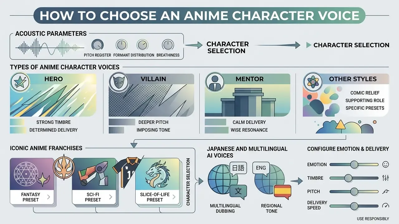 Flowchart detailing acoustic parameters, character archetypes, and language settings for anime AI voices
