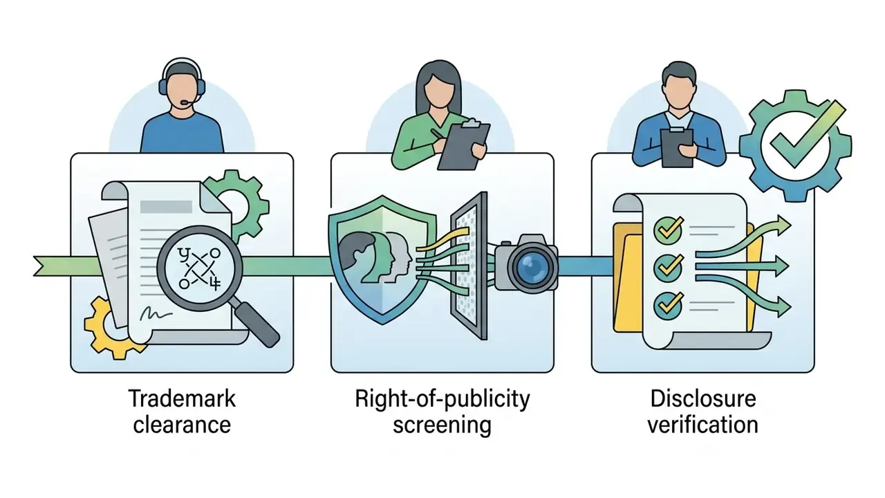 Three human reviewers overseeing trademark, publicity, and disclosure audit steps for AI image assets