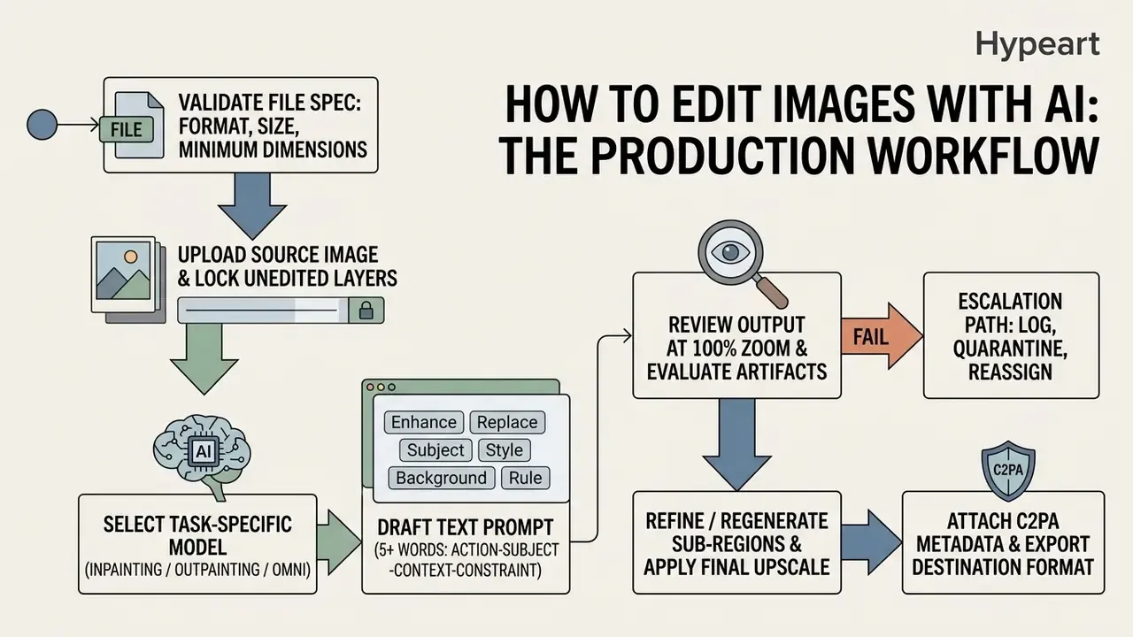 Step-by-step diagram showing the AI image editing production workflow from file validation to export