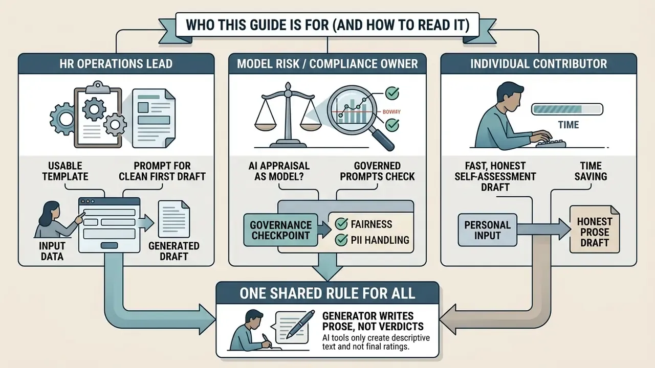 Infographic showing how HR leads, compliance owners, and contributors use an AI performance review generator