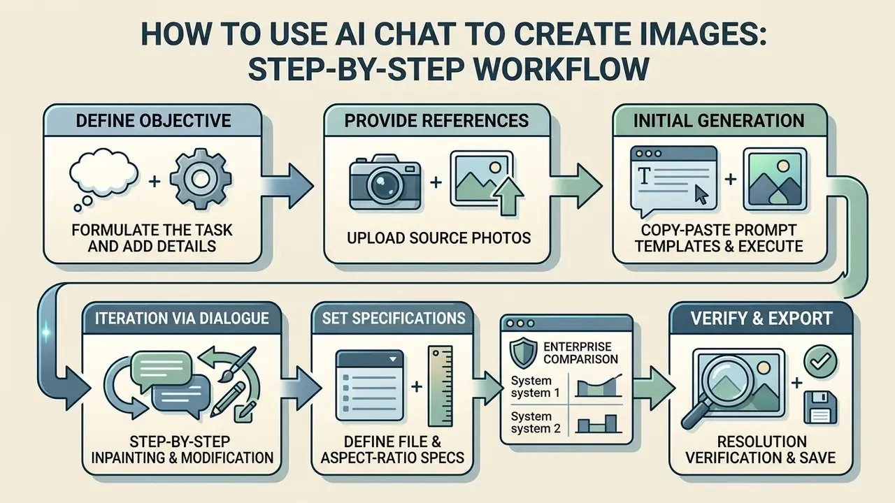 Sequential steps for generating visual content starting from defining objectives to final verification