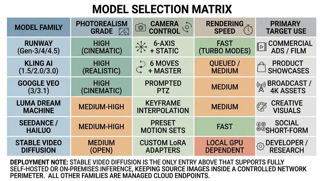 Comparison table evaluating AI video models by photorealism, camera control, speed, and target use case