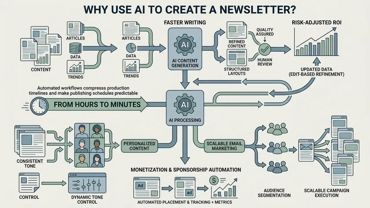 Infographic showing how AI newsletter generator workflows accelerate content production and scale marketing