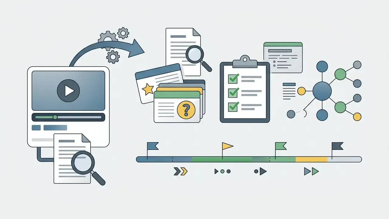 Video player icon with a gear mechanism transforming content into study notes, quizzes, and timelines