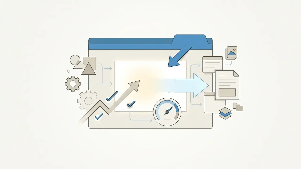 Central folder icon with arrows, gears, and a speed gauge indicating data processing and file management