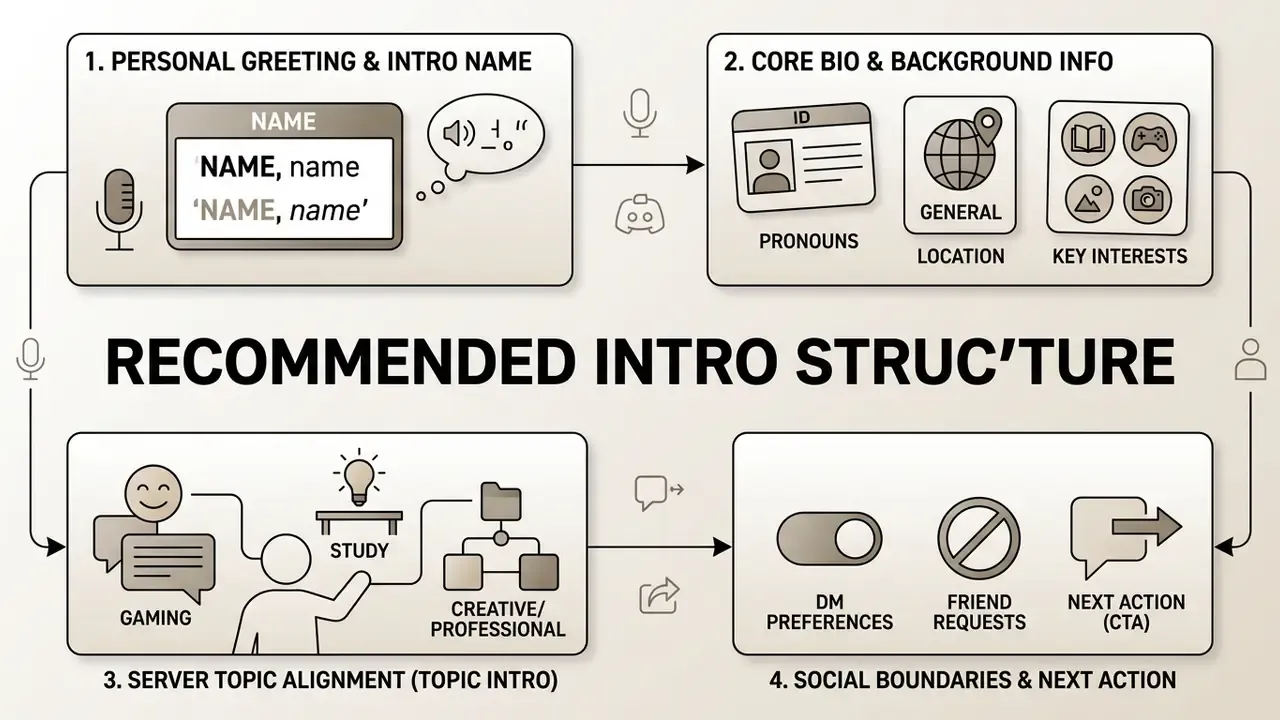 Flowchart outlining four steps for a Discord intro template including personal details and boundaries