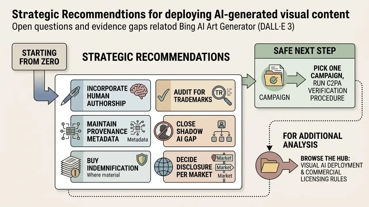 Flowchart outlining governance steps for visual content including human authorship and C2PA verification