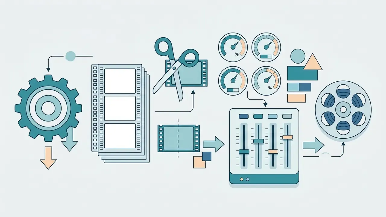 Gear icon connecting to film strips, scissors, editing sliders, and a film reel for video processing