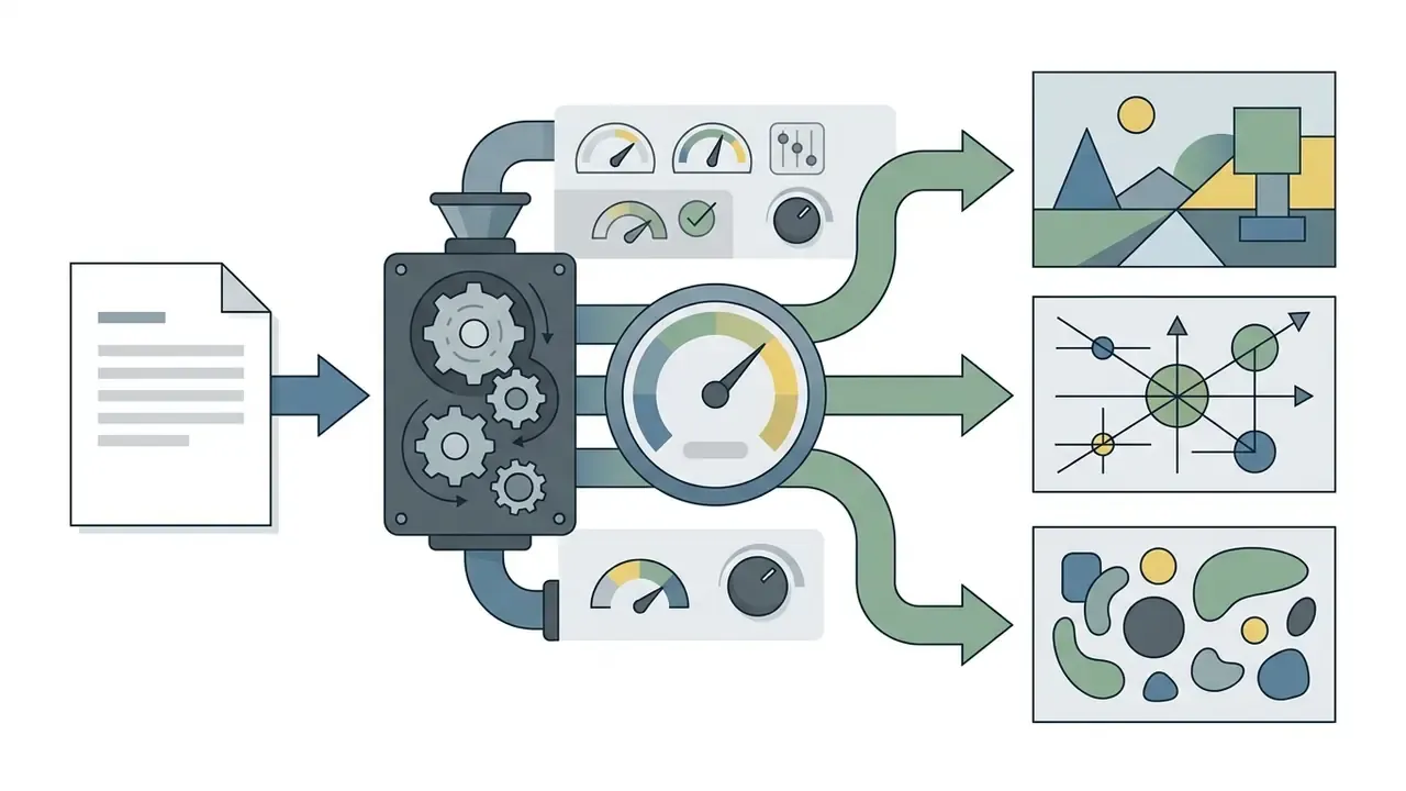 Document input processed by a gear system with gauges to produce three distinct visual outputs