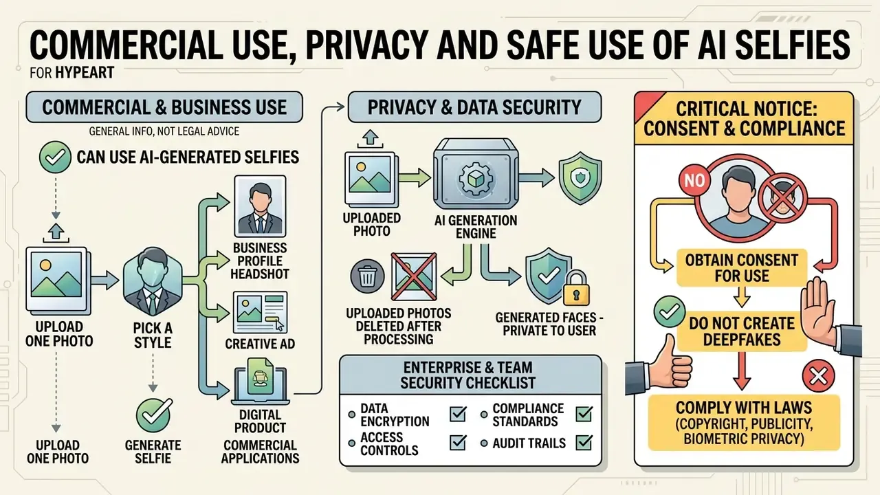 Summary of commercial usage, data privacy practices, and legal compliance for generated portraits
