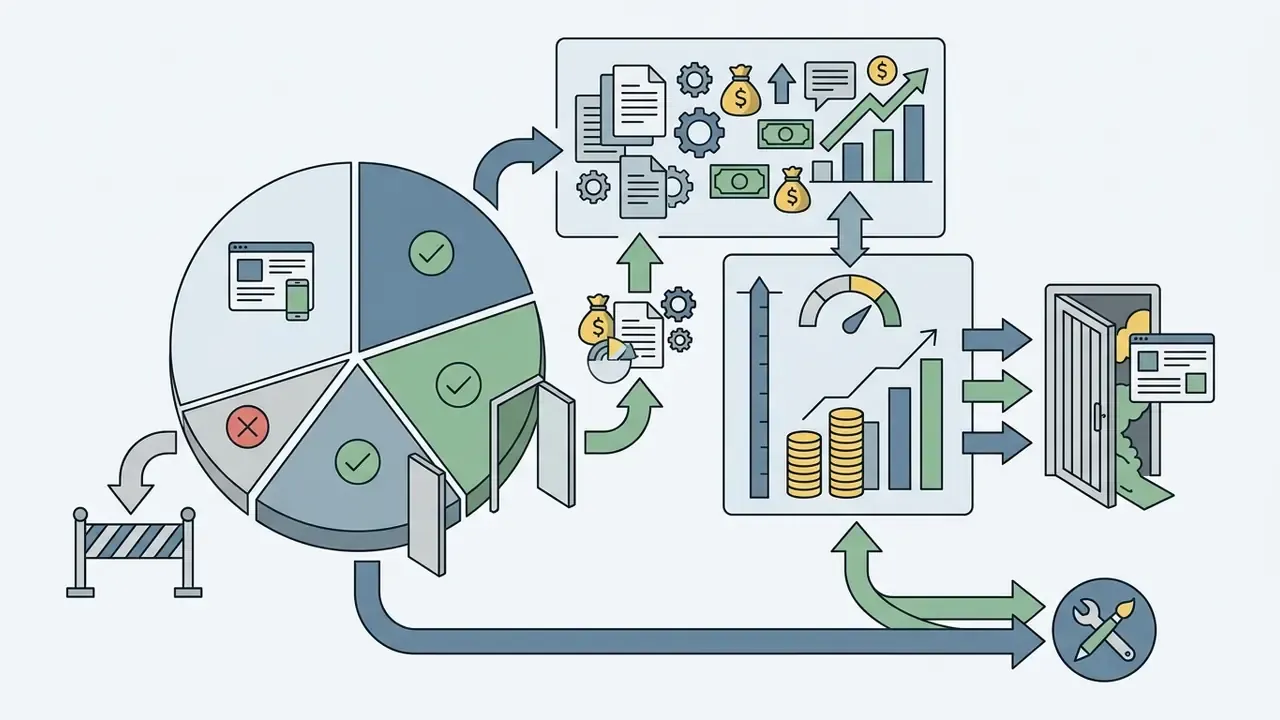 Pie chart with status icons connecting to financial graphs, revenue icons, and tool settings