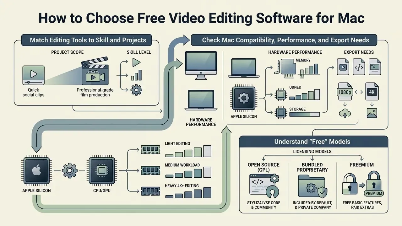 Infographic flowchart outlining steps for selecting free video editing software for Mac based on hardware