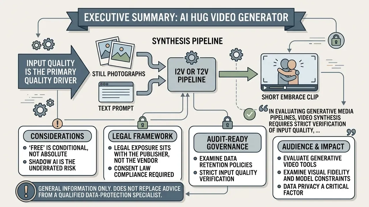 Flowchart illustrating an AI hug video generator pipeline converting still photos and text into embrace clips