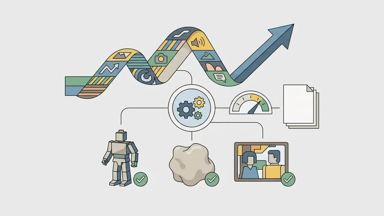 Wavy ribbon of icons passing through a gear processor into action figure, clay, and retro-flash styles