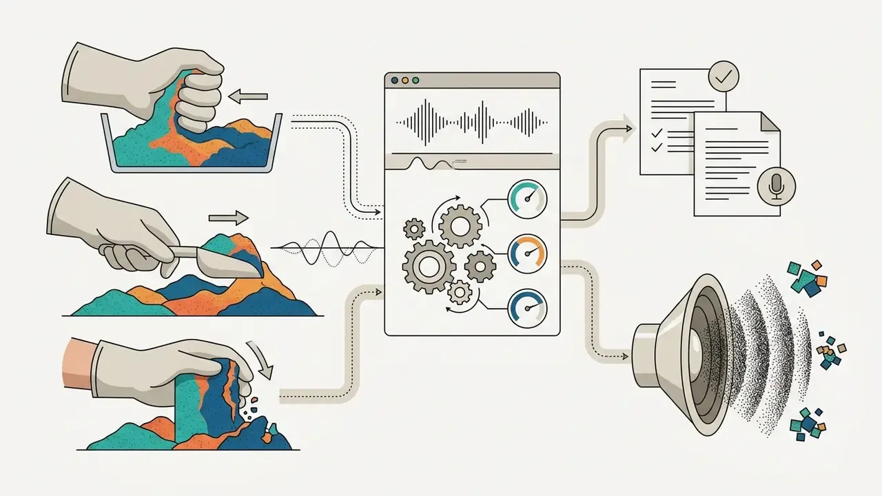 Hands manipulating granular material to generate audio data processed by software into sound output