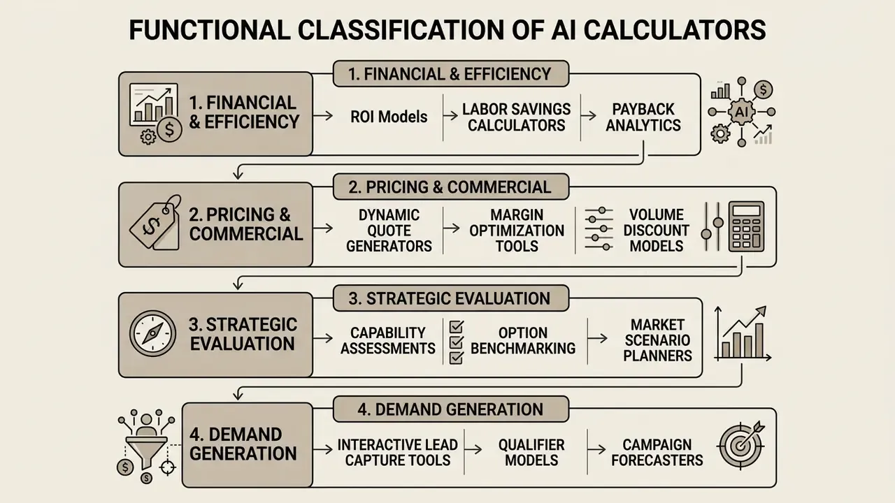 Four-tier diagram categorizing tool types into financial, pricing, strategic, and demand generation models