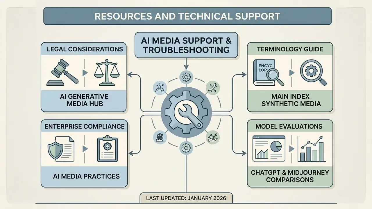 Central gear icon connecting four support modules for legal, compliance, terminology, and model evaluation