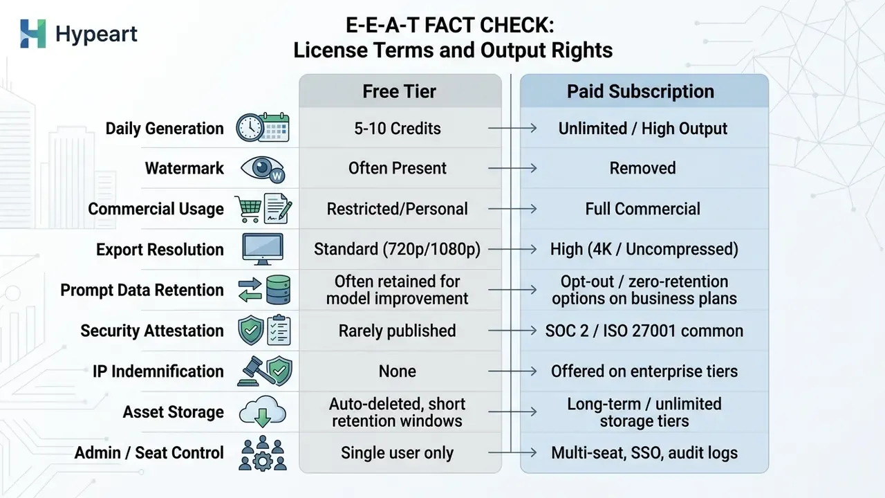 Comparison table contrasting features and service terms between free tier and paid subscription models
