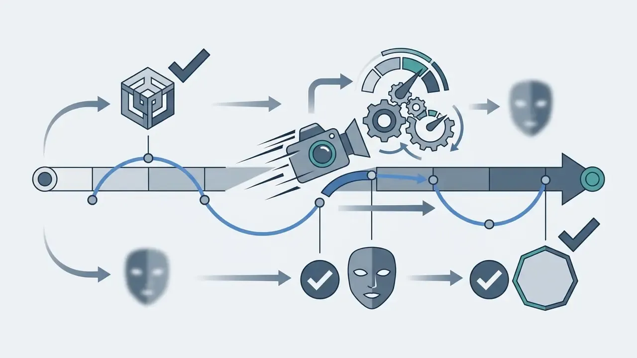 Icons of a camera, gears, and faces linked by arrows to represent Luma AI performance tracking workflows