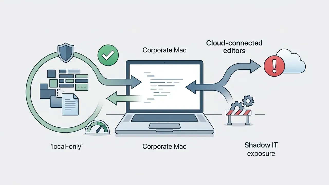 Laptop showing data flow between secure local storage and external cloud-connected editing services