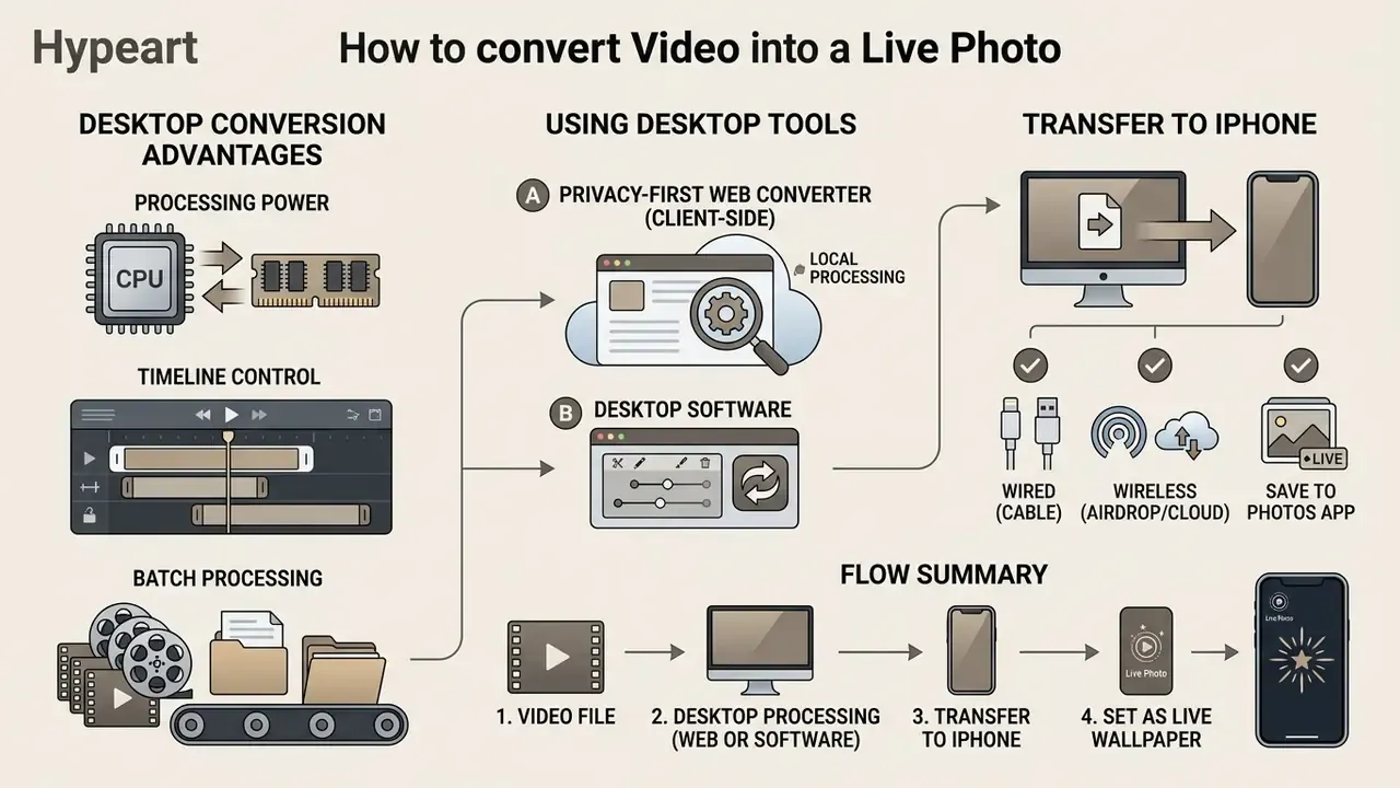 Flowchart showing desktop advantages, conversion methods, and transfer steps to make a video a live photo