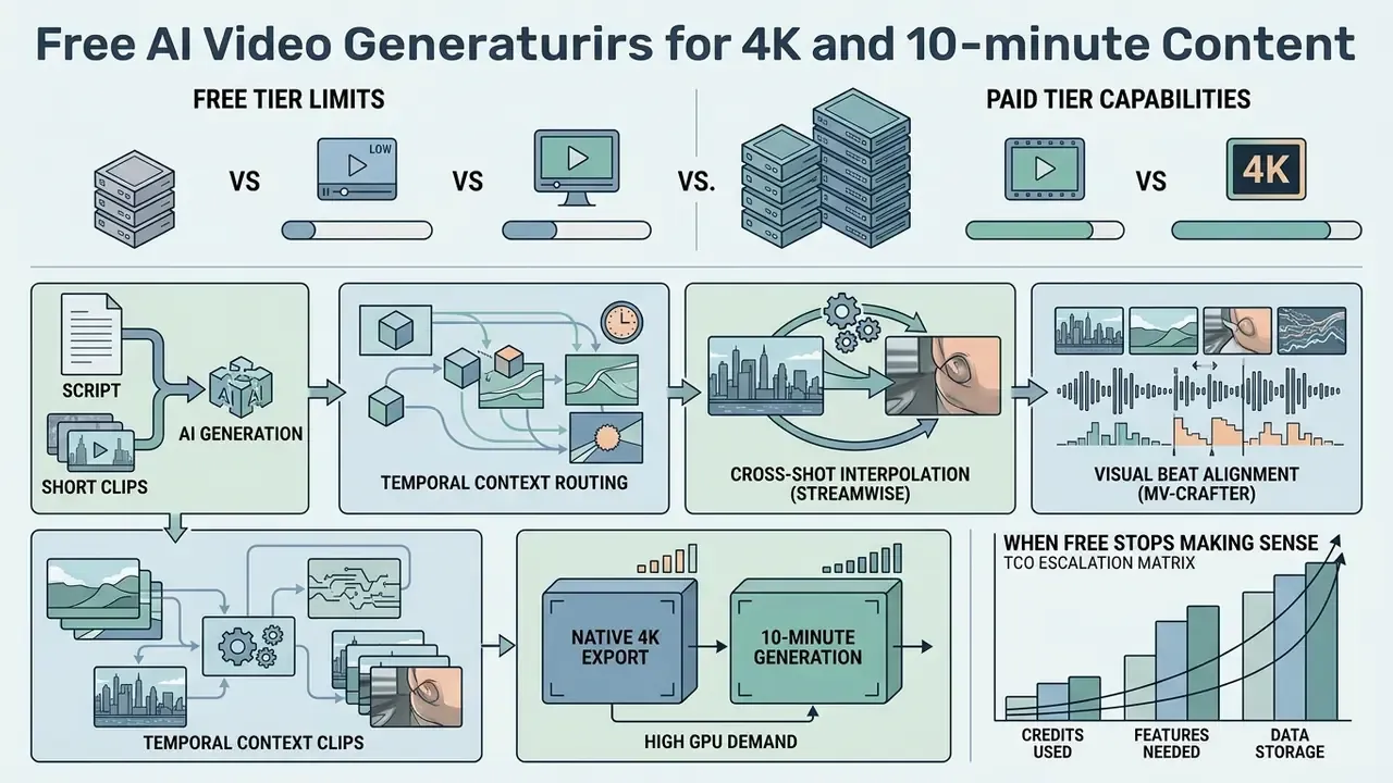 Technical infographic comparing free and paid AI video generation workflows and resource requirements
