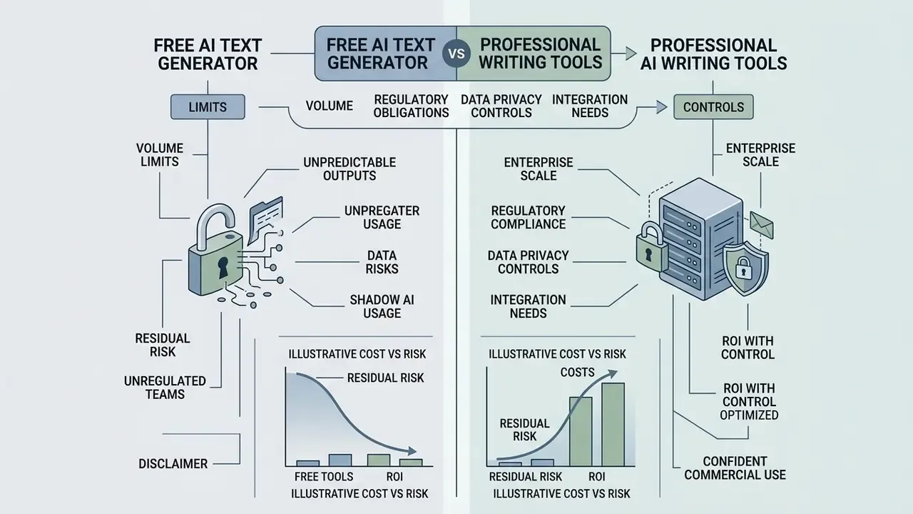 Comparison chart contrasting risks and benefits of free versus professional enterprise writing software